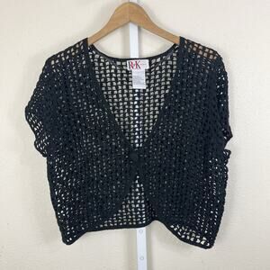 Vintage Y2K Crochet Crop Cardigan Womens L Large Black Whimsigoth R&K